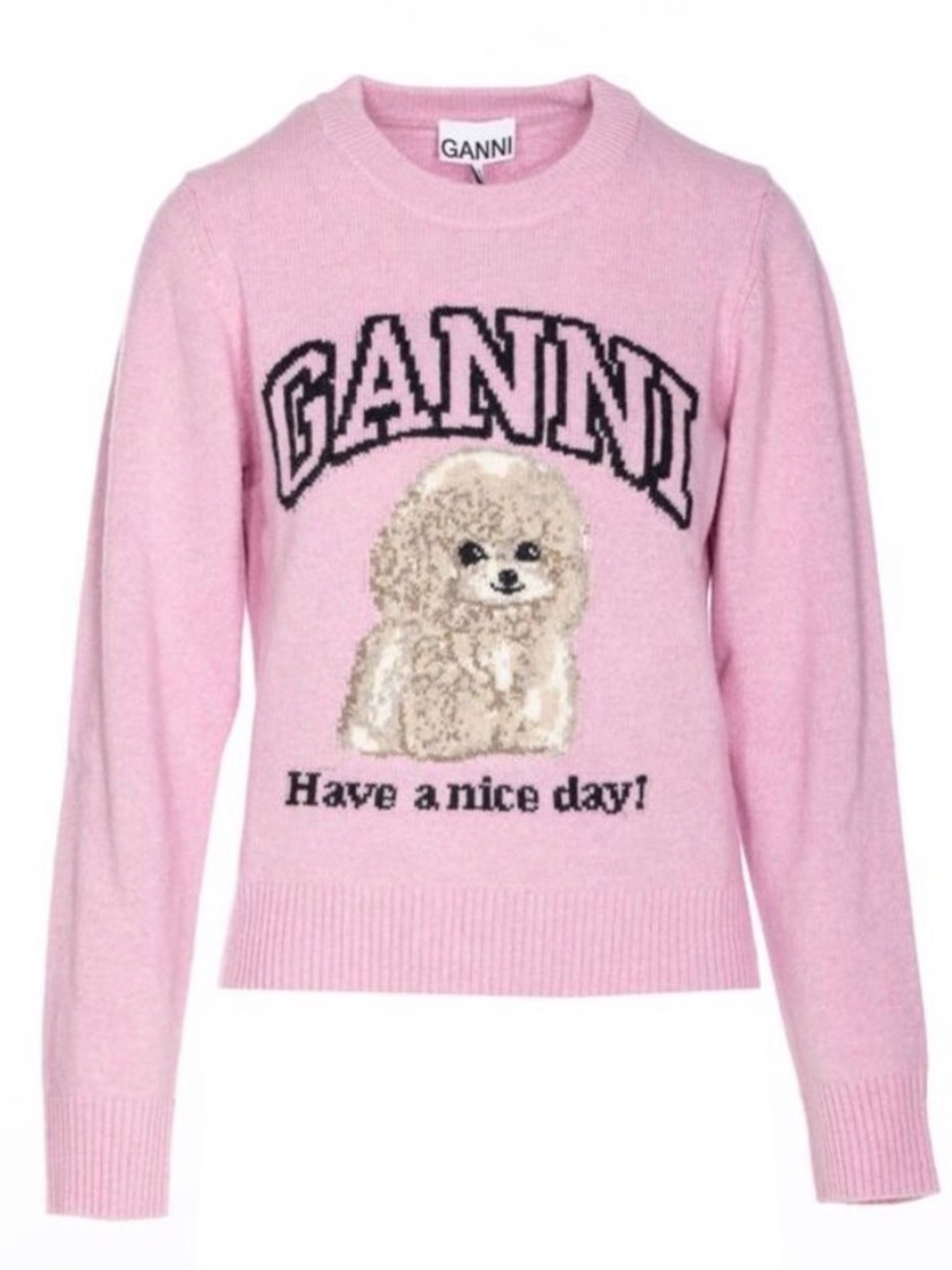 GANNI Pink Poodle Graphic Wool Blend Crewneck Sweater - Chalk Pink